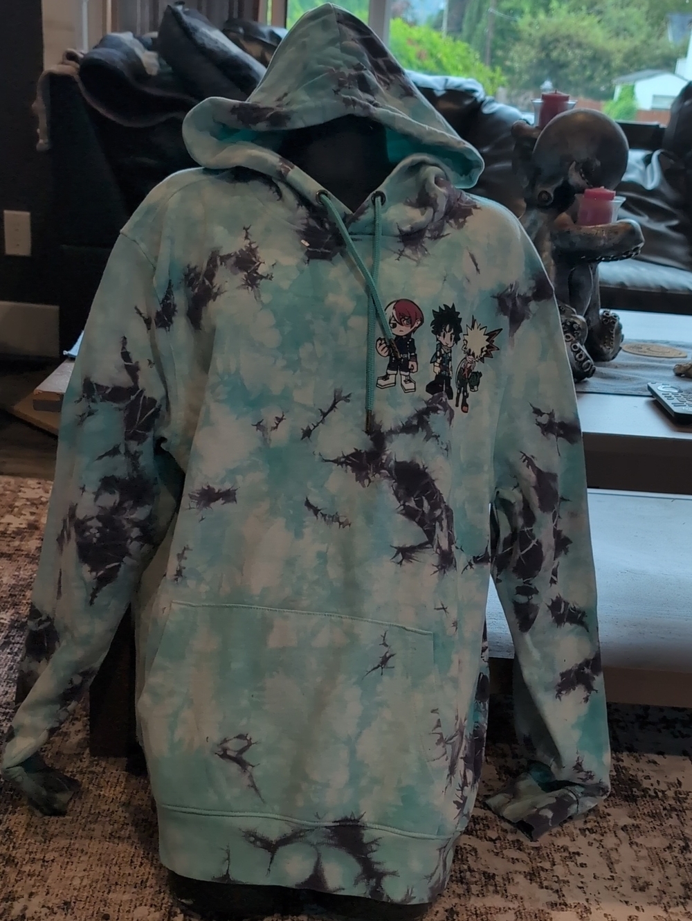 Light Blue Tie-Dye Hoodie with Anime Character Graphic
